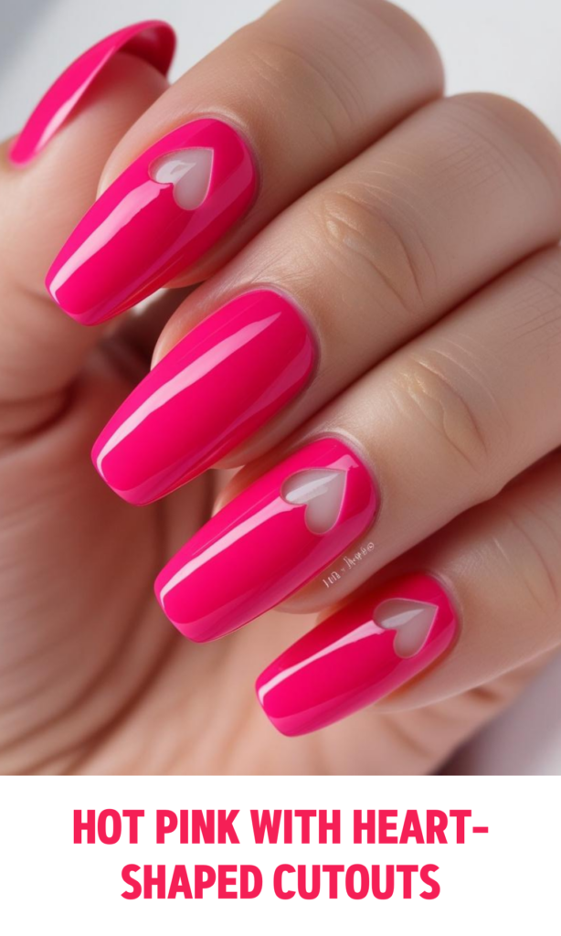 Hot Pink Nails with Heart-Shaped Cutouts