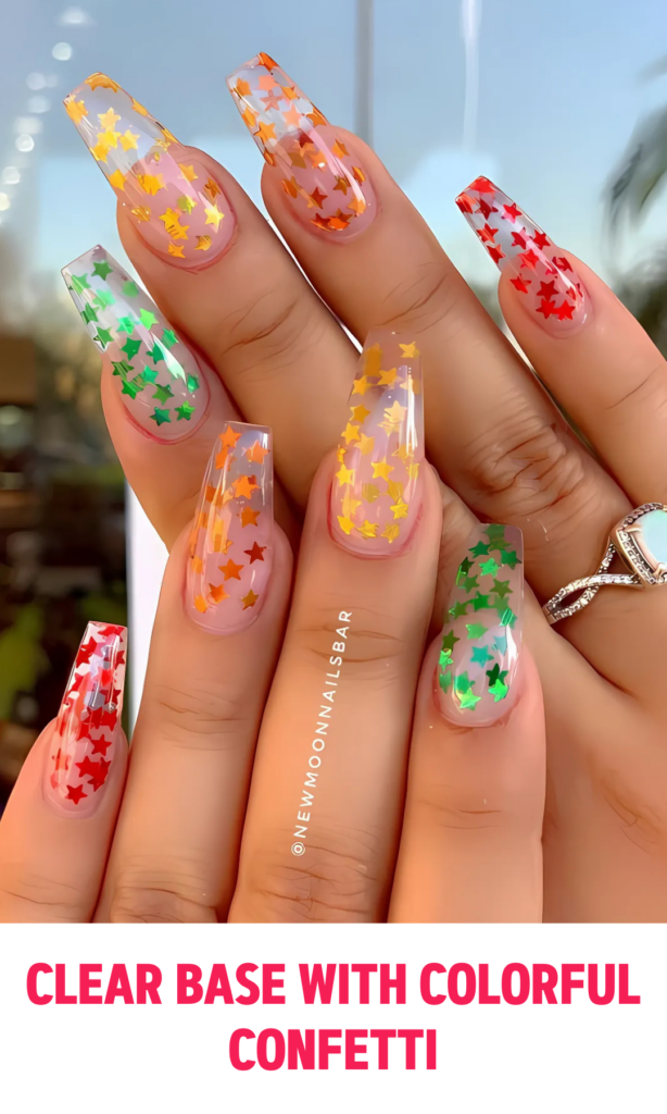 Clear Base Nails with Colorful Confetti