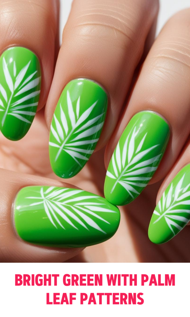 Bright Green Nails with Palm Leaf Patterns