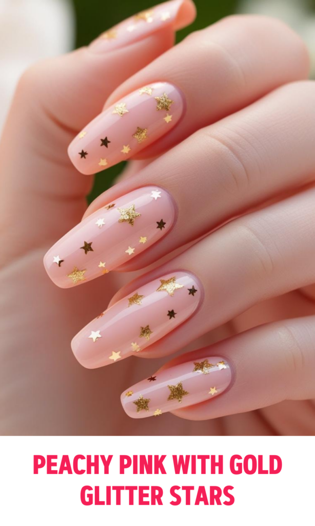 Peachy Pink Nails with Gold Glitter Stars