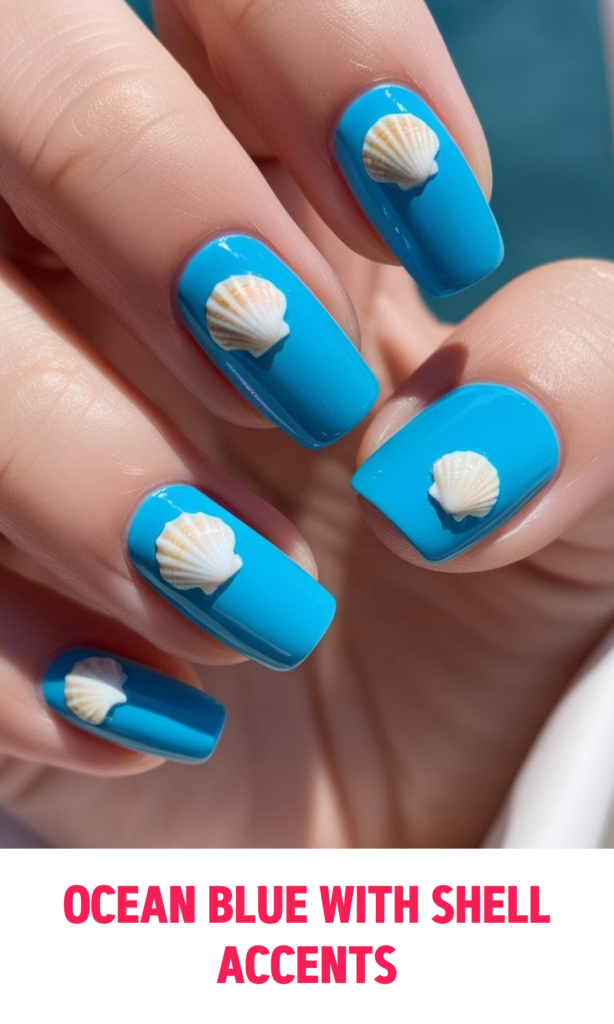 Ocean Blue Nails with Shell Accents