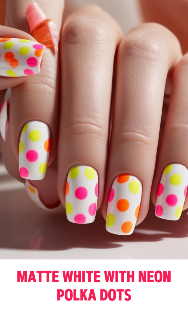 Matte White Nails with Neon Polka Dots