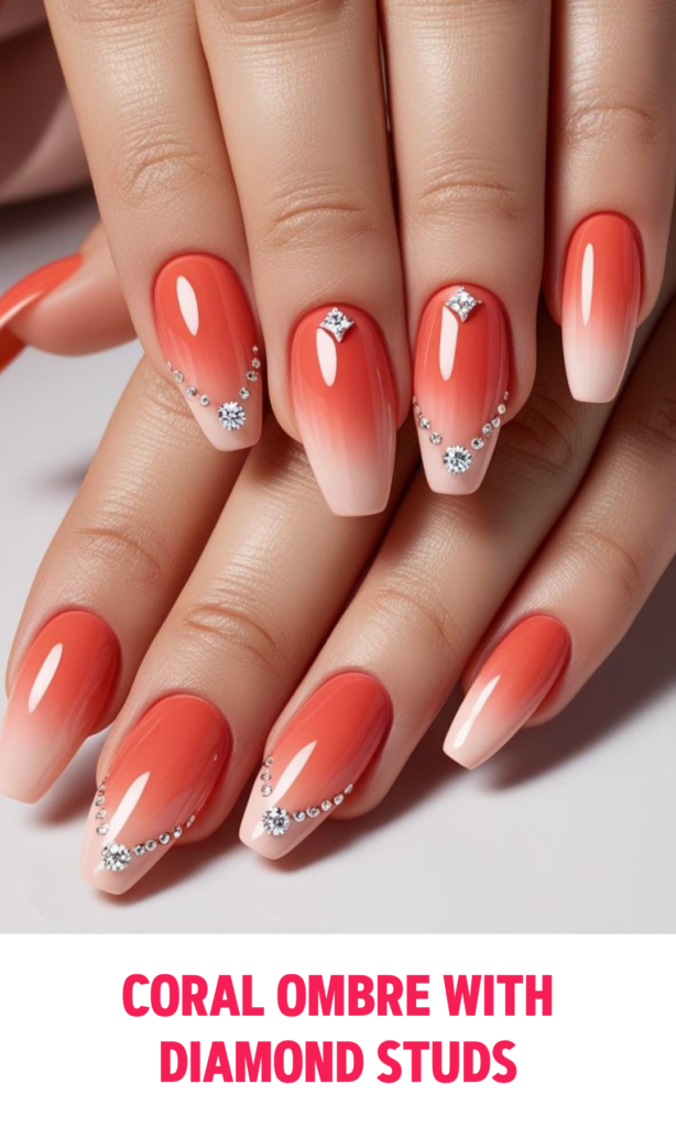 Coral Ombre Nails with Diamond Studs