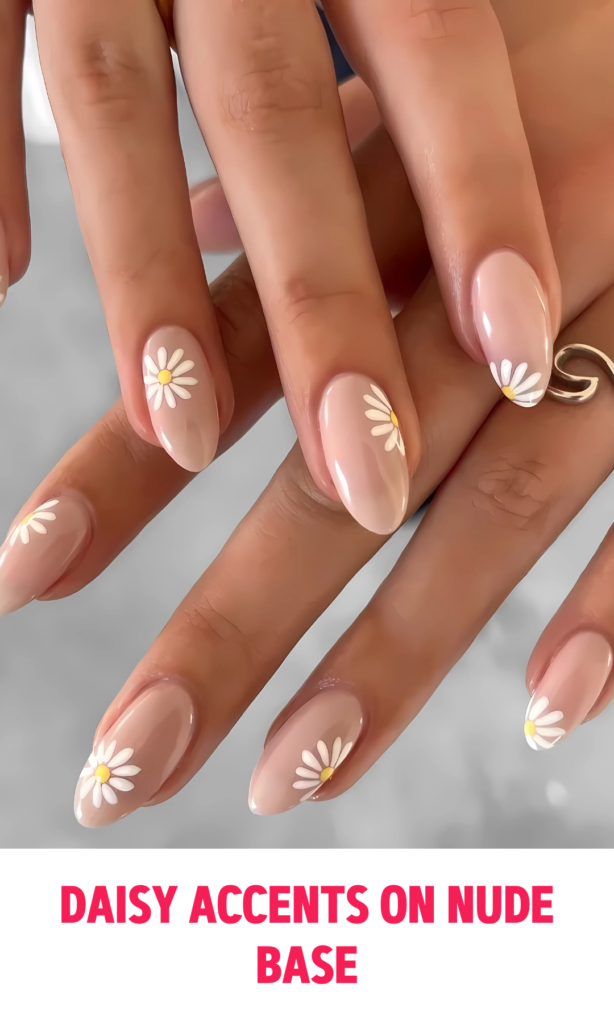 Daisy Accents on Nude Base Nails