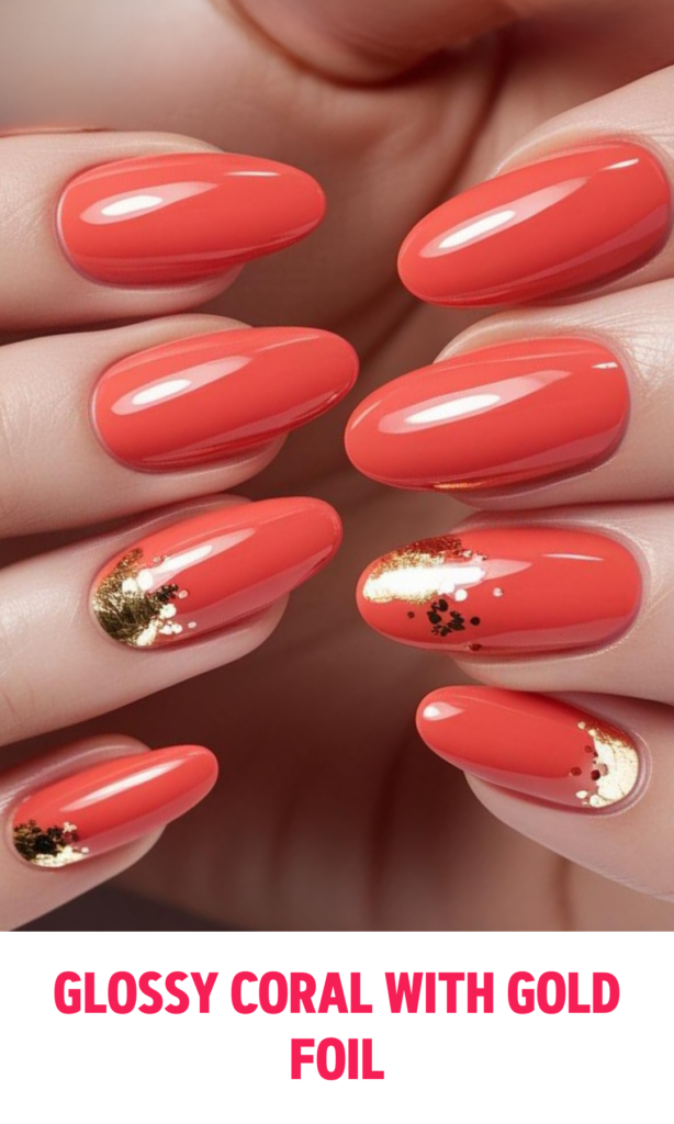 Glossy Coral Nails with Gold Foil