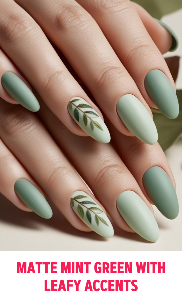 Matte Mint Green Nails with Leafy Accents