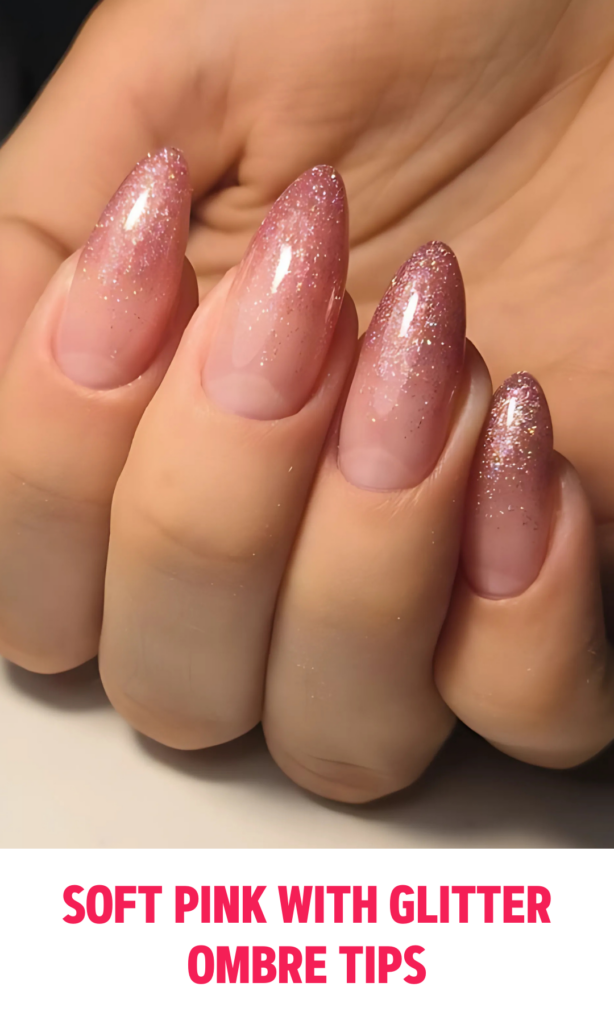 Soft Pink Nails with Glitter Ombre Tips