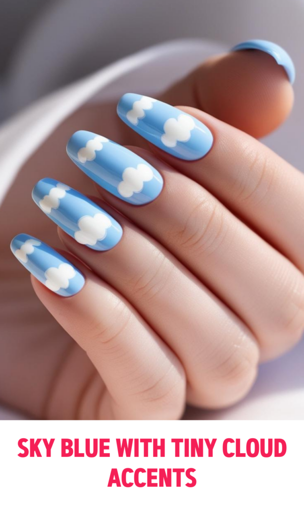 Sky Blue Nails with Tiny Cloud Accents