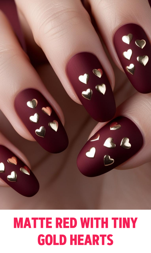 Matte Red Nails with Tiny Gold Hearts