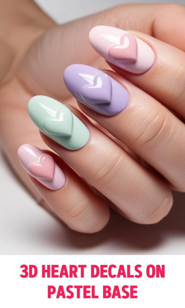 3D Heart Decals on Pastel Base Nails