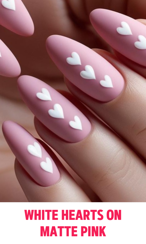 White Hearts on Matte Pink Nails