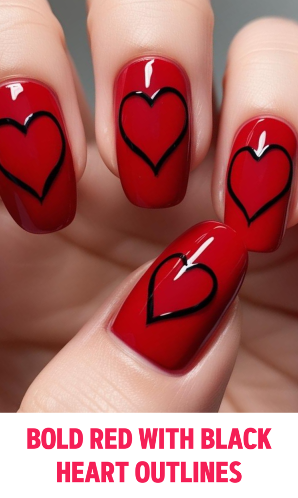 Bold Red Nails with Black Heart Outlines