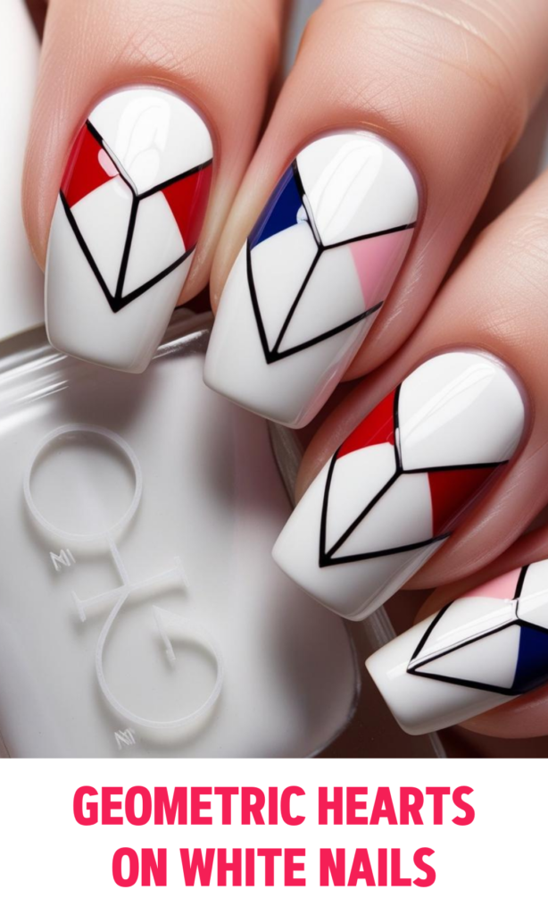 Geometric Hearts on White Nails