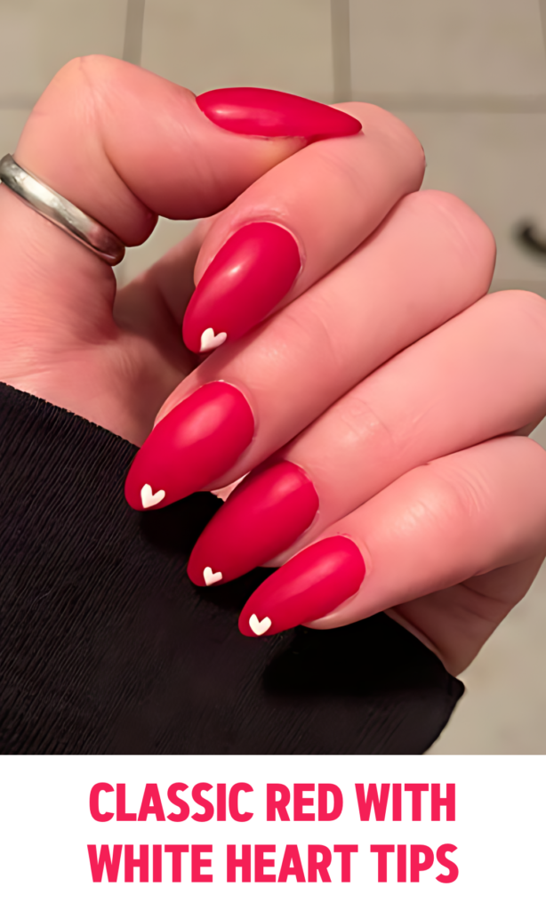 Classic Red Nails with White Heart Tips