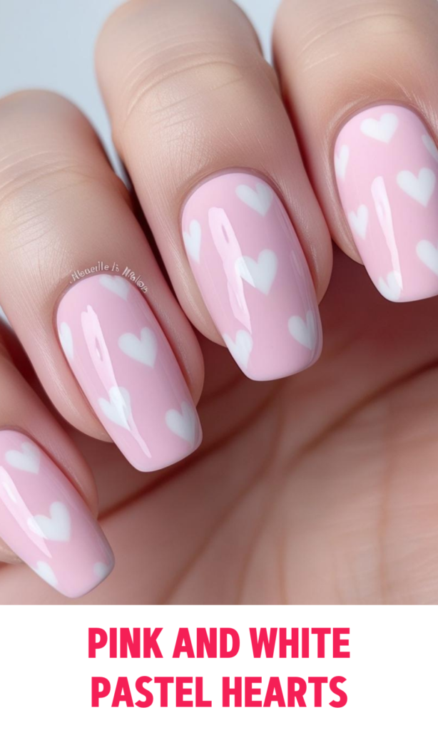 Pink and White Pastel Heart Nails