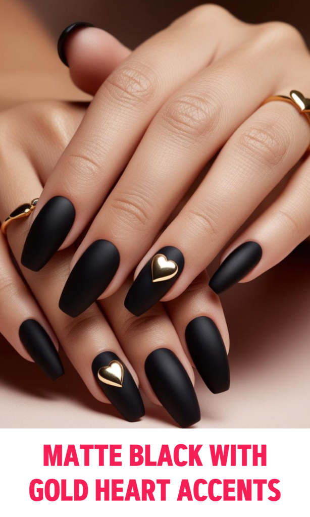 Matte Black with Gold Heart Accent Nails