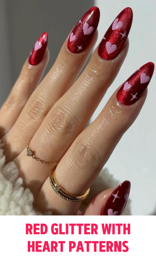 Red Glitter Nails with Heart Patterns