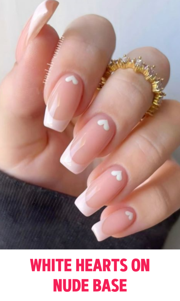 White Hearts on Nude Base Nails