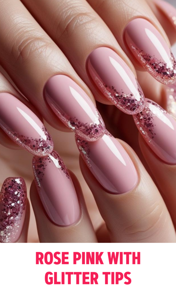 Rose Pink Nails with Glitter Tips