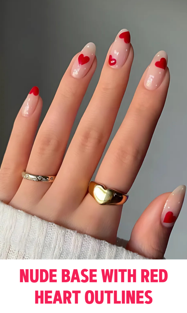 Nude Base Nails with Red Heart Outlines