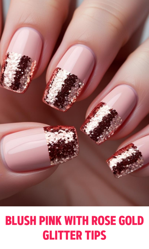 Blush Pink Nails with Rose Gold Glitter Tips