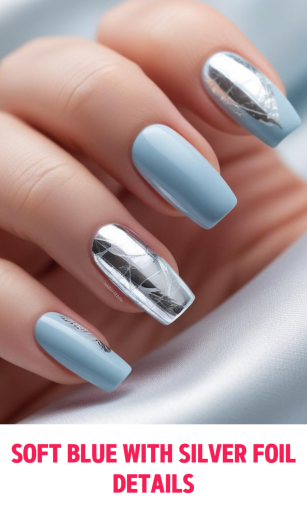 Soft Blue Nails with Silver Foil Details