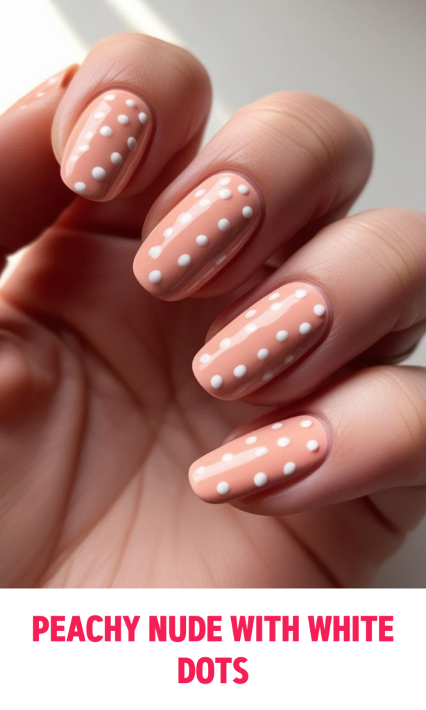 Peachy Nude Nails with White Dots