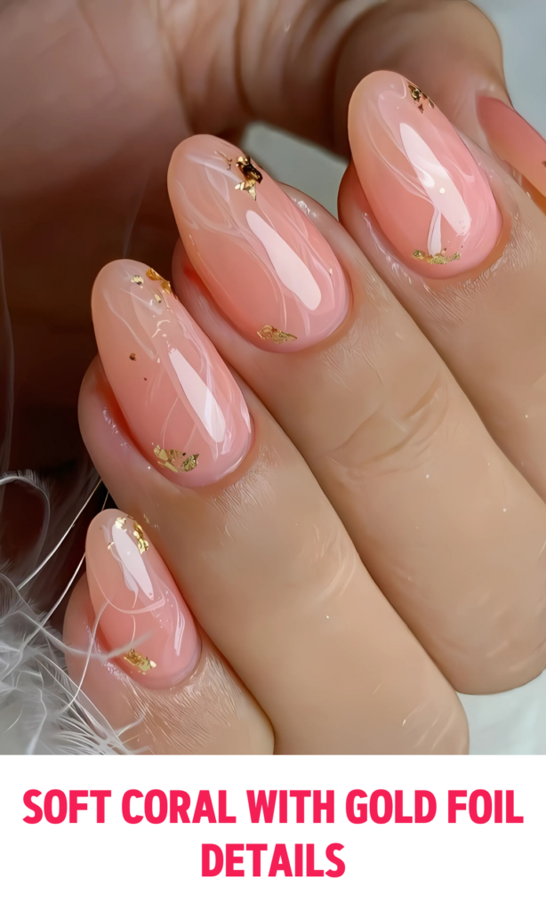 Soft Coral Nails with Gold Foil Details