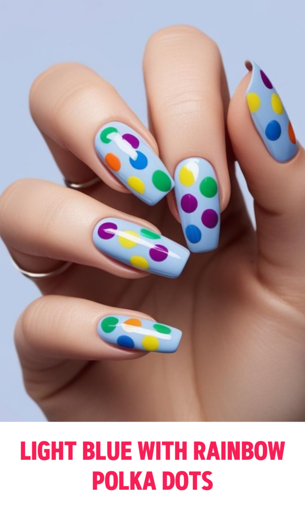 Light Blue Nails with Rainbow Polka Dots