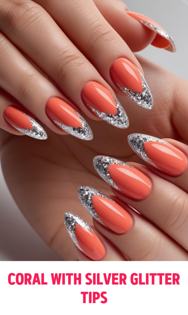 Coral Nails with Silver Glitter Tips