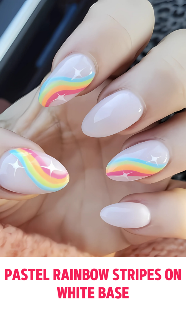 Pastel Rainbow Stripes on White Base Nails