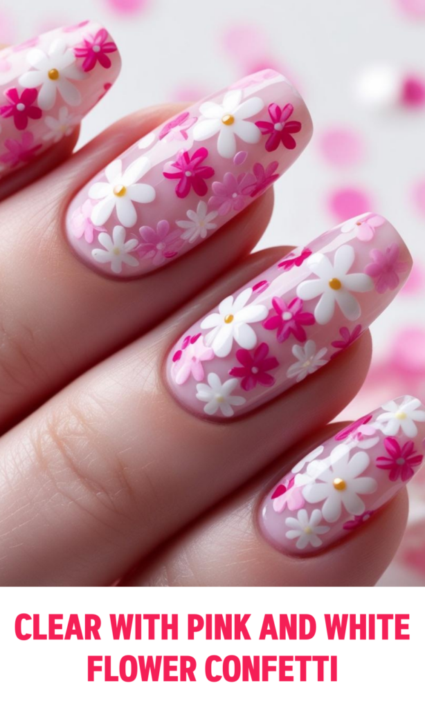 Clear Nails with Pink and White Flower Confetti