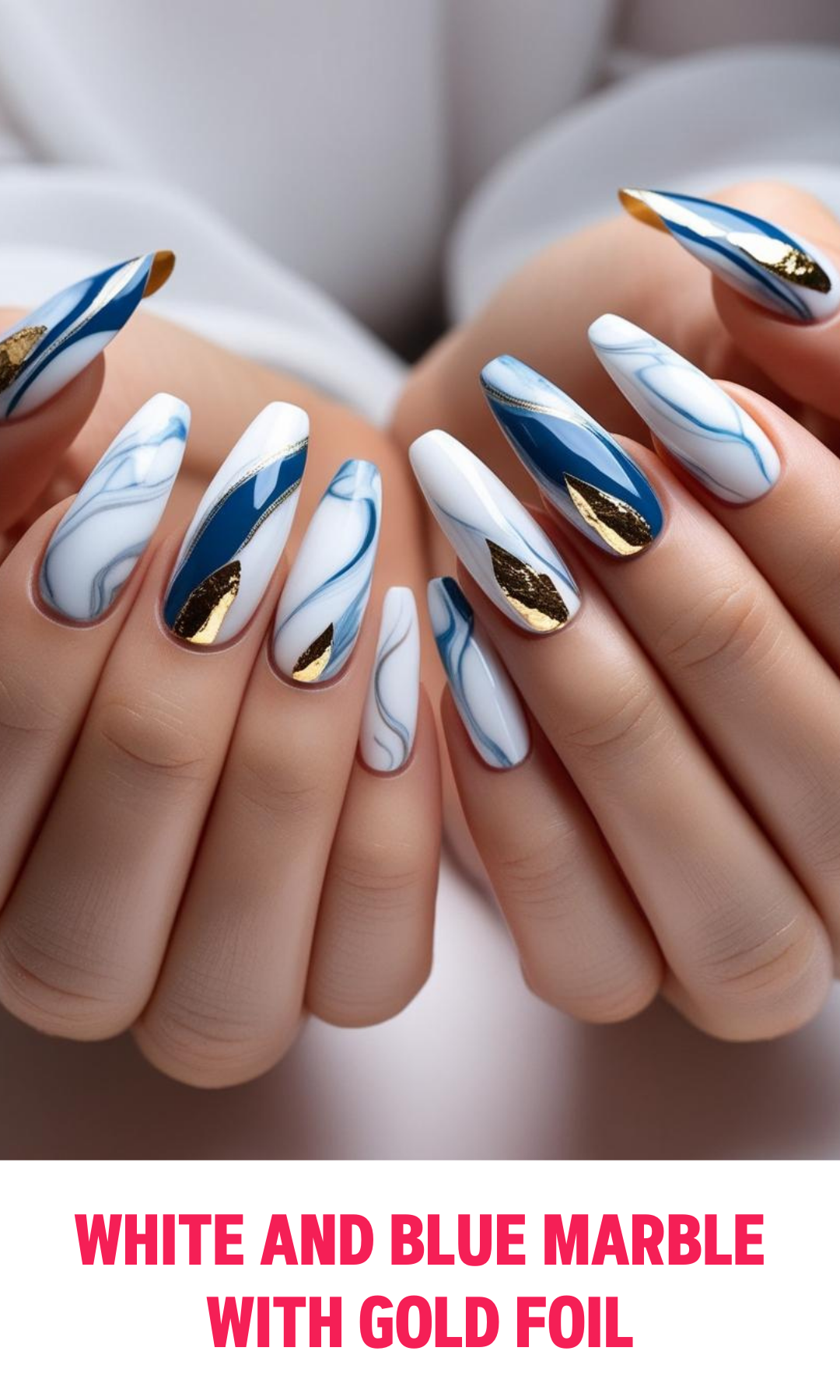 White and Blue Marble Nails with Gold Foil