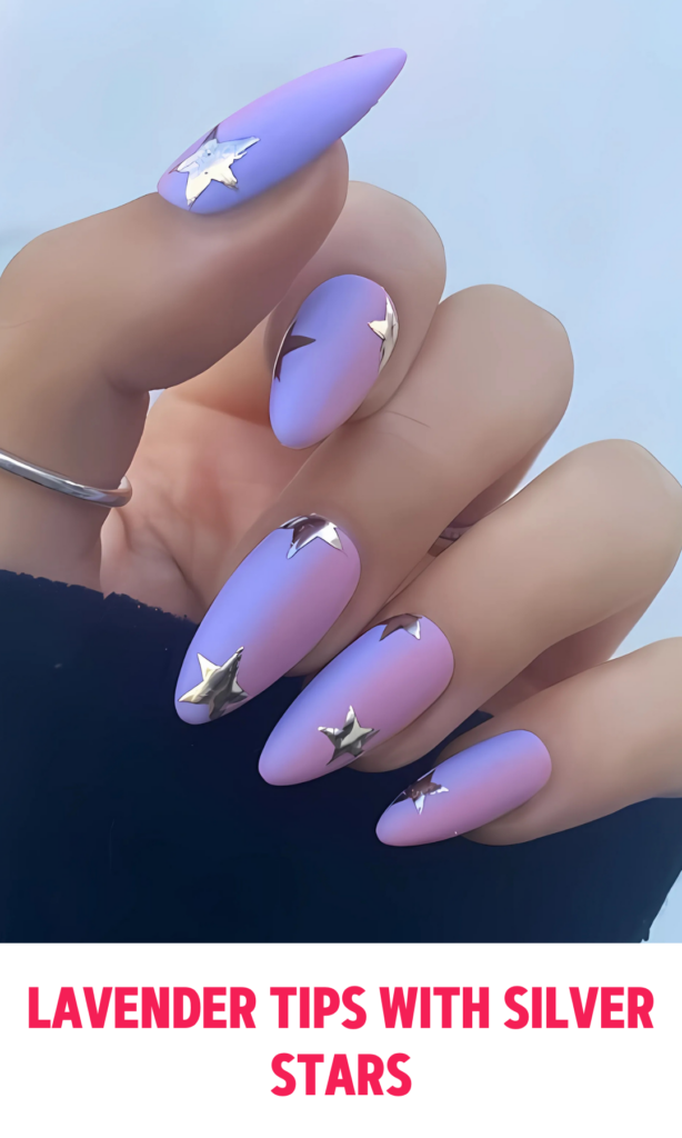 Lavender Tips Nails with Silver Stars