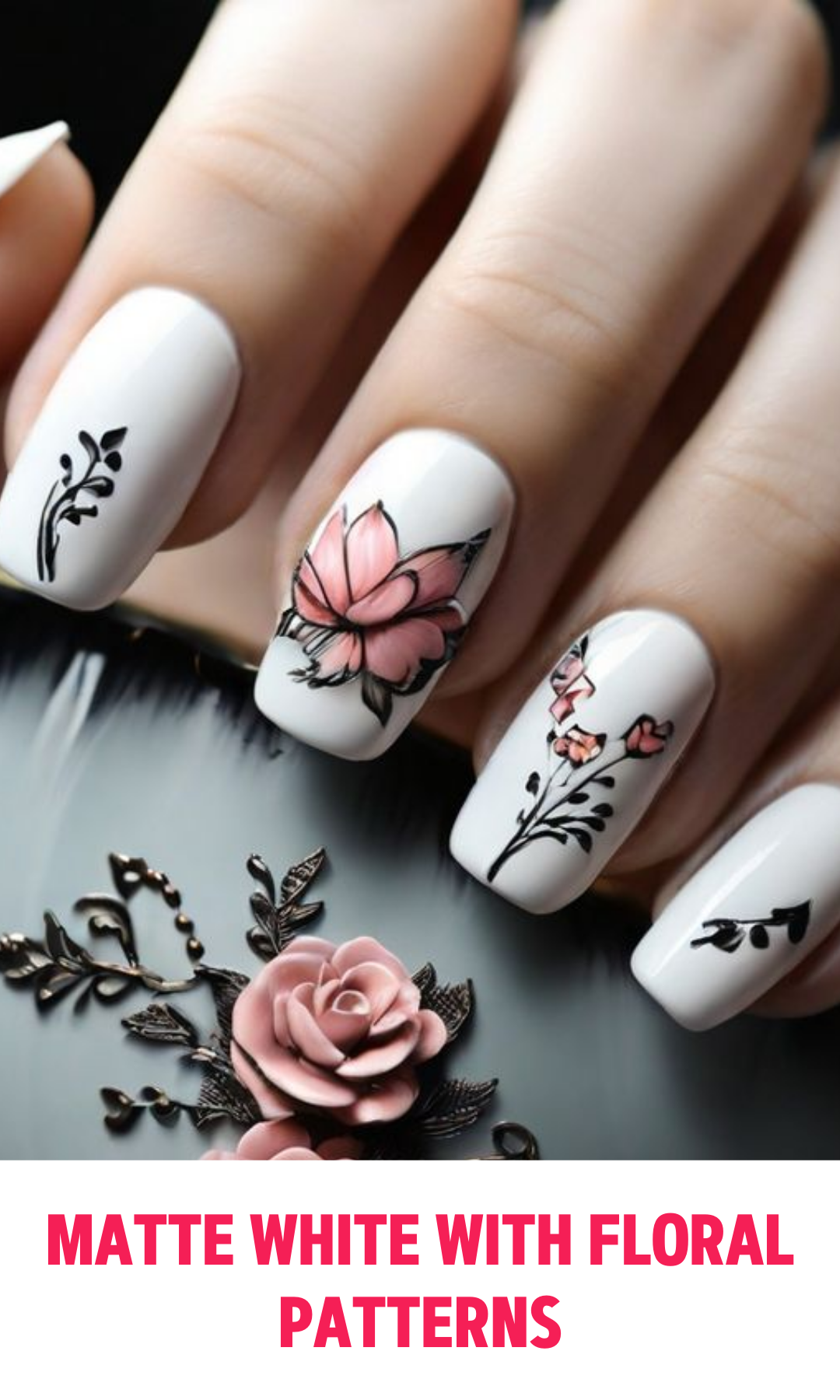 Matte White Nails with Floral Patterns