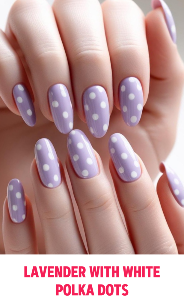 Lavender Nails with White Polka Dots