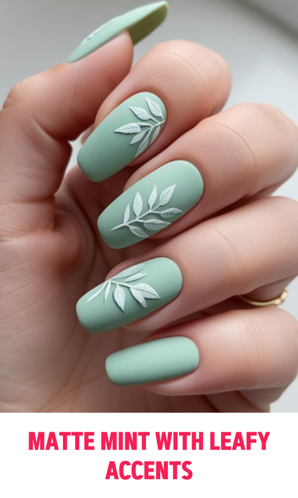 Matte Mint Nails with Leafy Accents