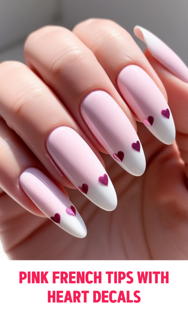 Pink French Tips with Heart Decals