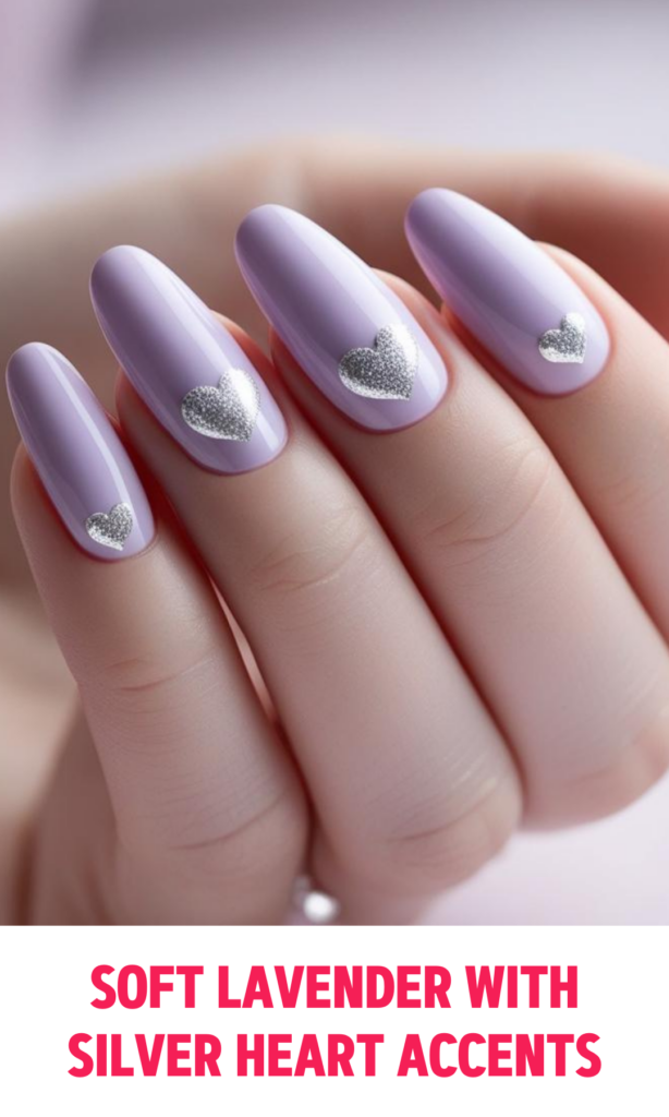 Soft Lavender Nails with Silver Heart Accents