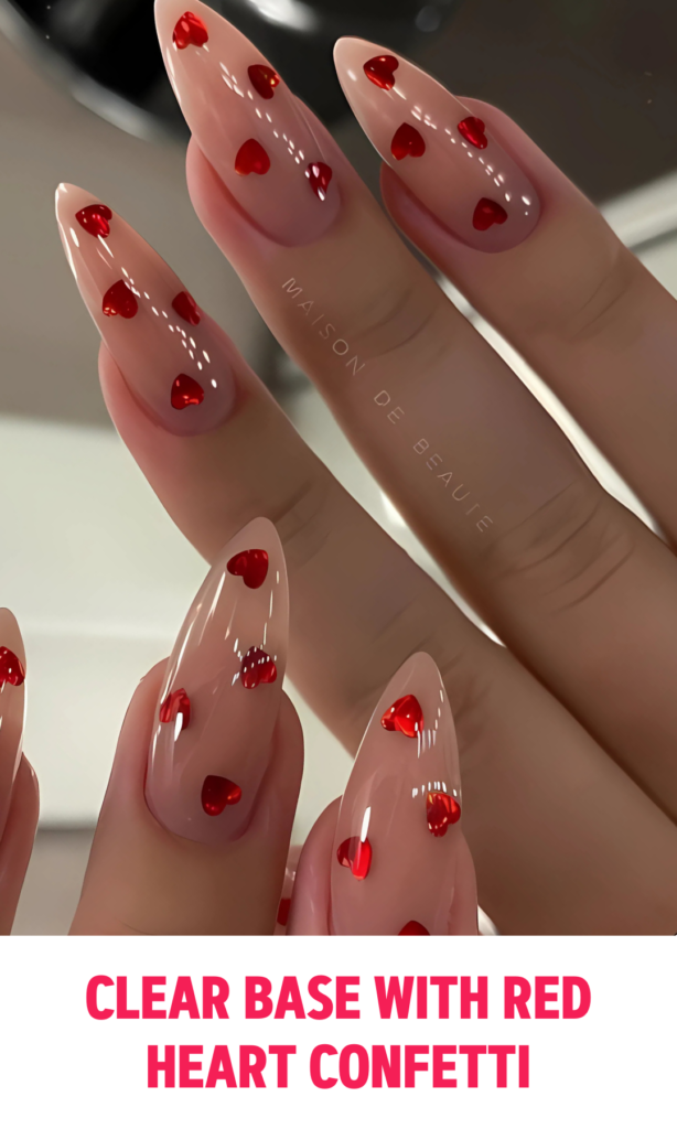 Clear Base Nails with Red Heart Confetti