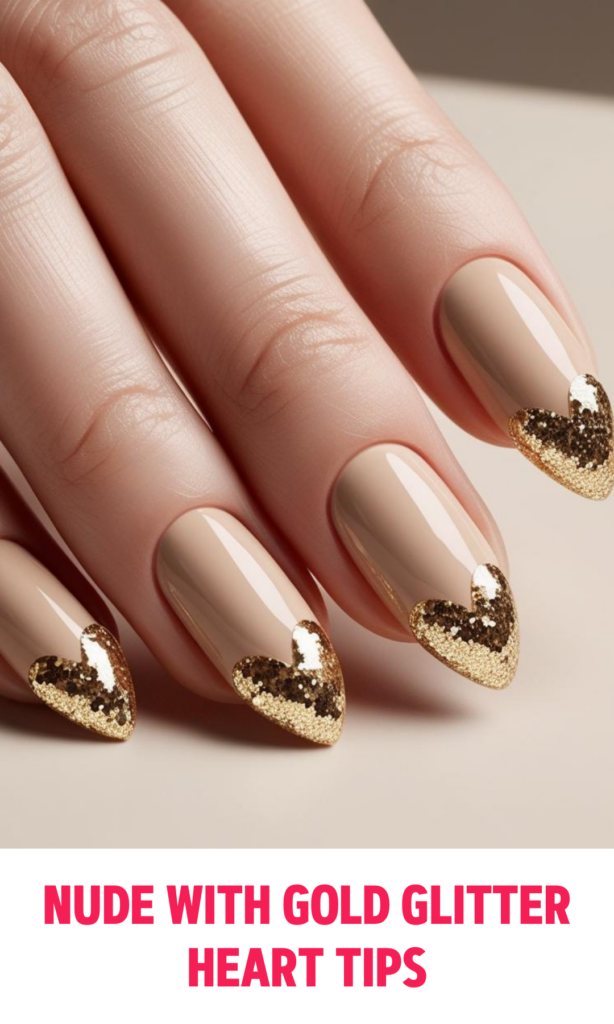 Nude nails with Gold Glitter Heart Tips