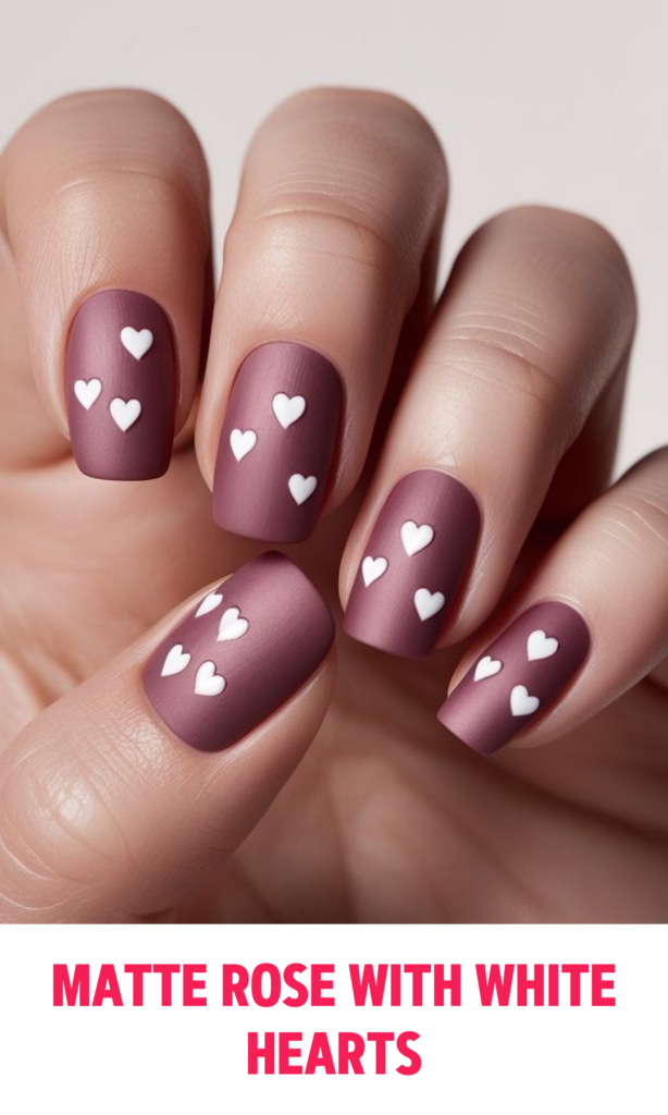 Matte Rose Nails  with White Hearts