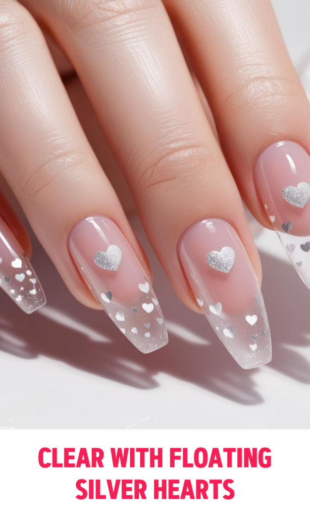 Clear Nails with Floating Silver Hearts