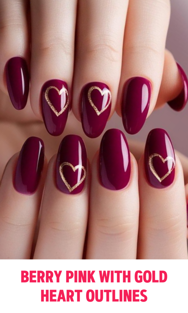 Berry Pink Nails with Gold Heart Outlines