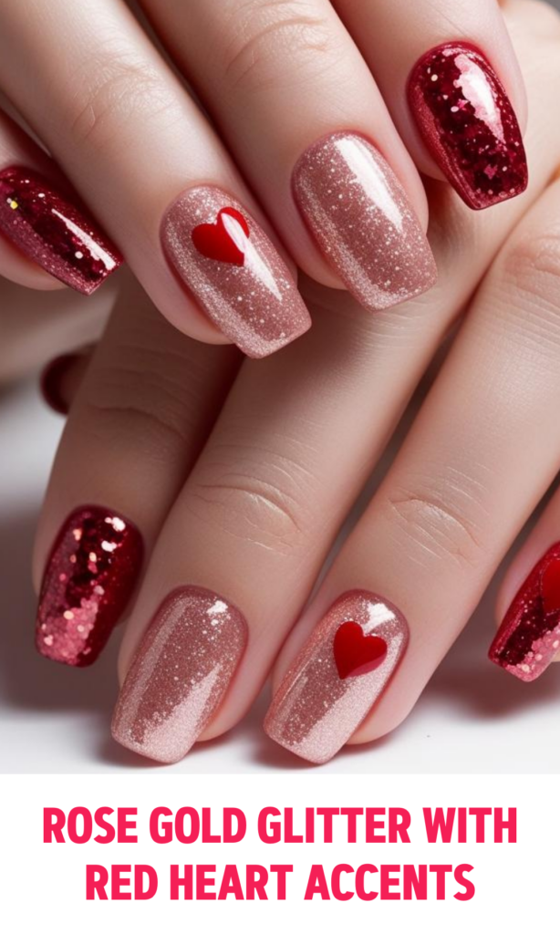 Rose Gold Glitter Nails with Red Heart Accents