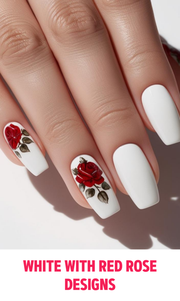 White Nails with Red Rose Designs