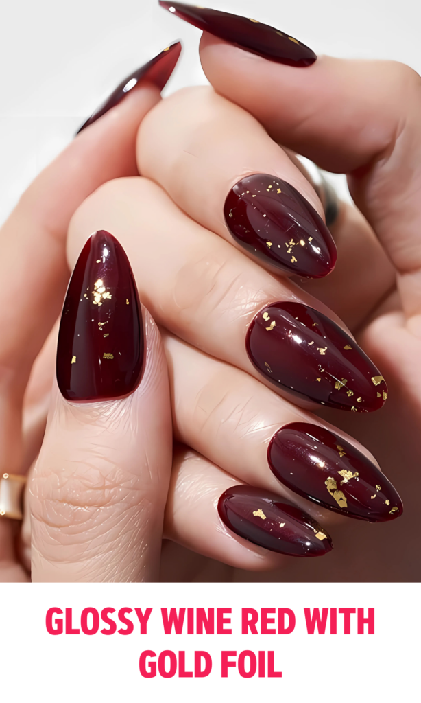 Glossy Wine Red Nails with Gold Foil