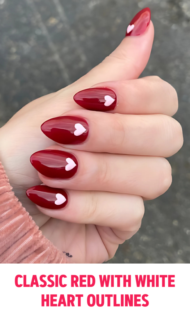 Classic Red Nails with White Heart Outlines