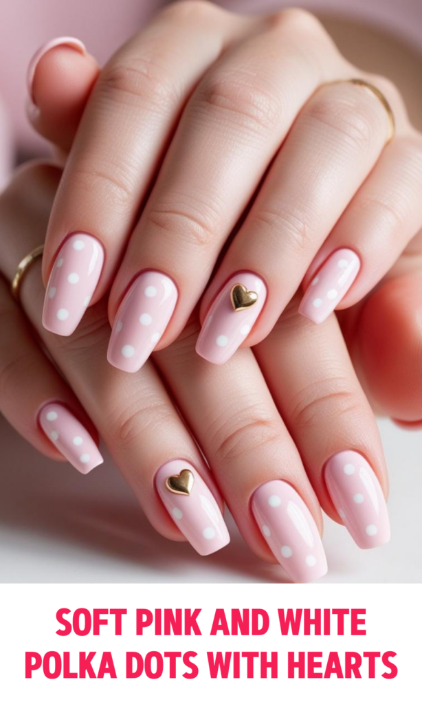 Soft Pink Nails and White Polka Dots with Hearts