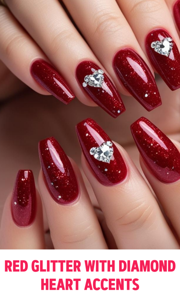 Red Glitter Nails with Diamond Heart Accents